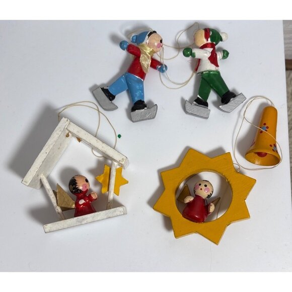 Handcrafted Wooden Christmas Ornaments Set Of 5 Skaters Nativity Bell - Picture 1 of 11